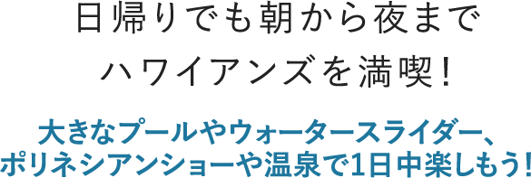 日帰りでも朝から夜までハワイアンズを満喫！大きなプールやウォータースライダー、ポリネシアンショーや温泉で１日中楽しもう！