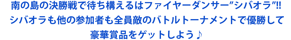 南の島の決勝戦で待ち構えるはファイヤーダンサー”シバオラ”!!シバオラも他の参加者も全員敵のバトルトーナメントで優勝して豪華賞品をゲットしよう♪